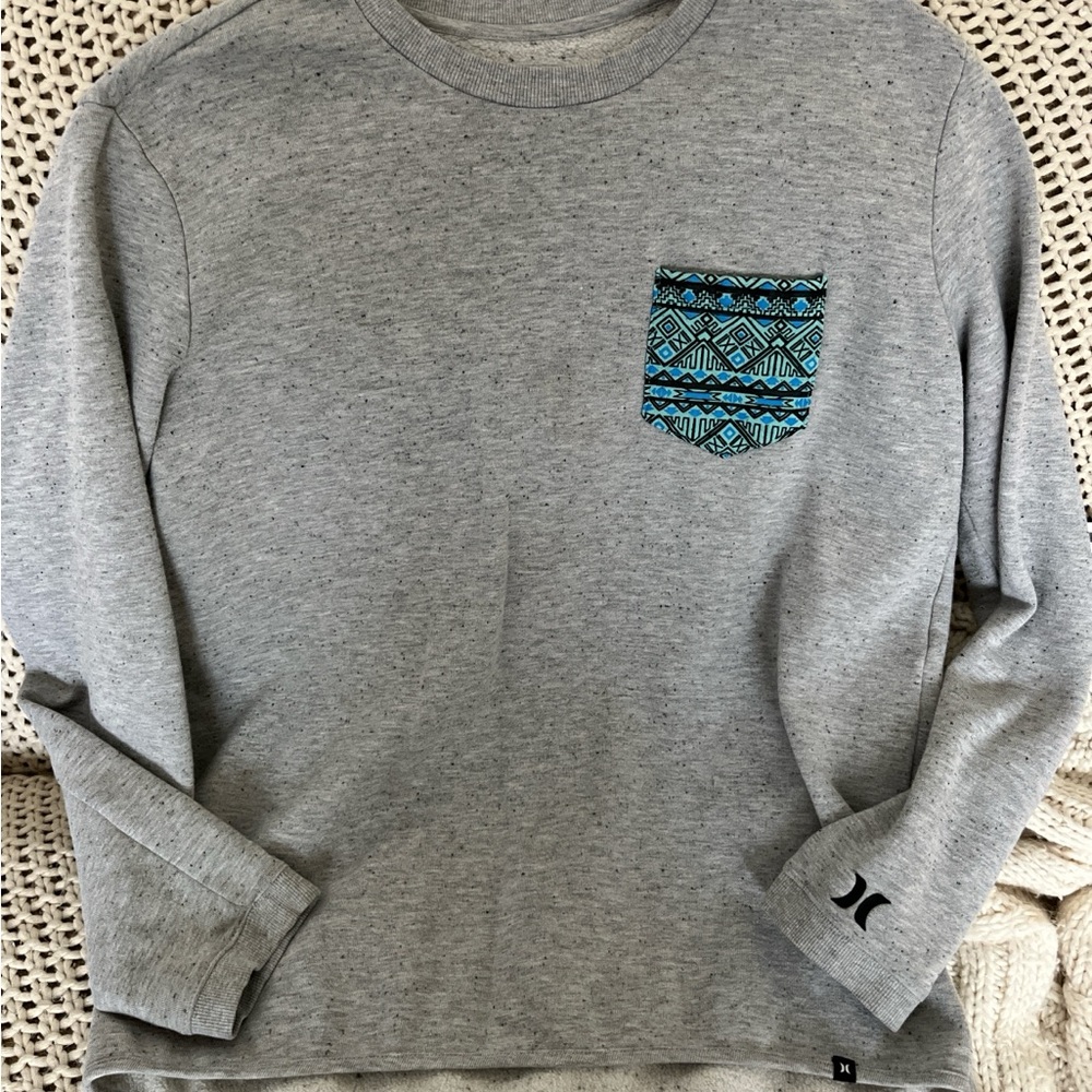 Hurley Gray Crewneck with Blue Geometric Pocket